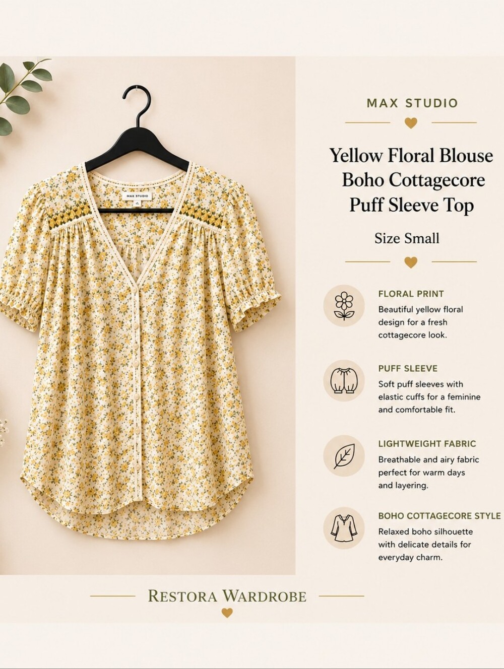 Max Studio Yellow Floral Blouse XL Puff Sleeve Cottagecore Boho Top